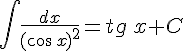 \int \frac{dx}{{(cos\,x)}^2} = tg\,x + C